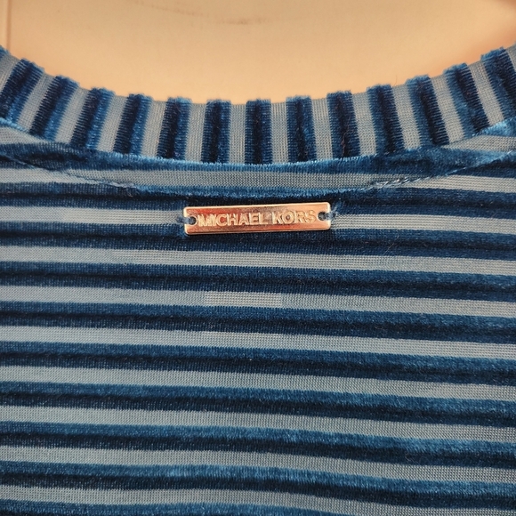 Michael Kors Blue Long Sleeve Striped Shirt Teal Blue Bell Sleeves Velour Velvet - Picture 6 of 11